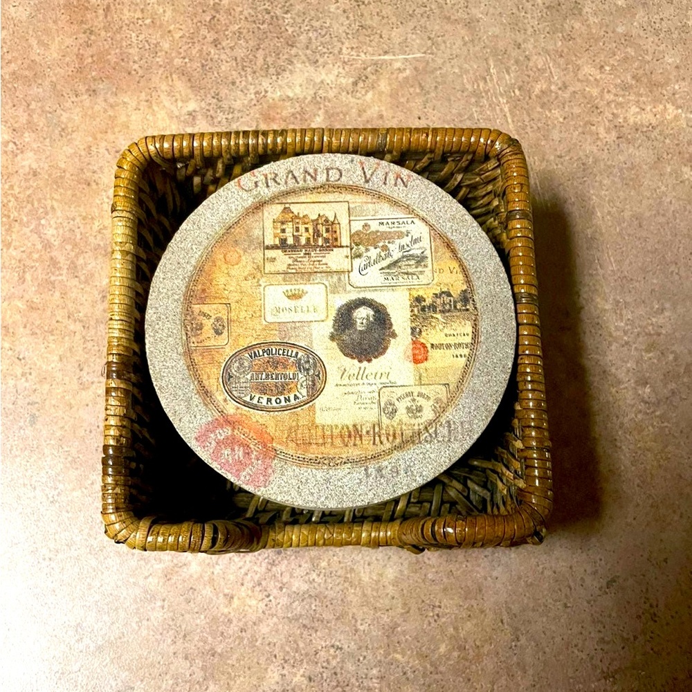 Nostalgic Wine Labels Coaster (Set of 4) with wicker basket holder